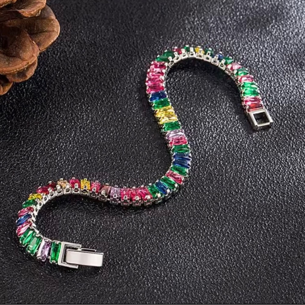 Multicolor Sterling Silver and Crystal Tennis Bracelet